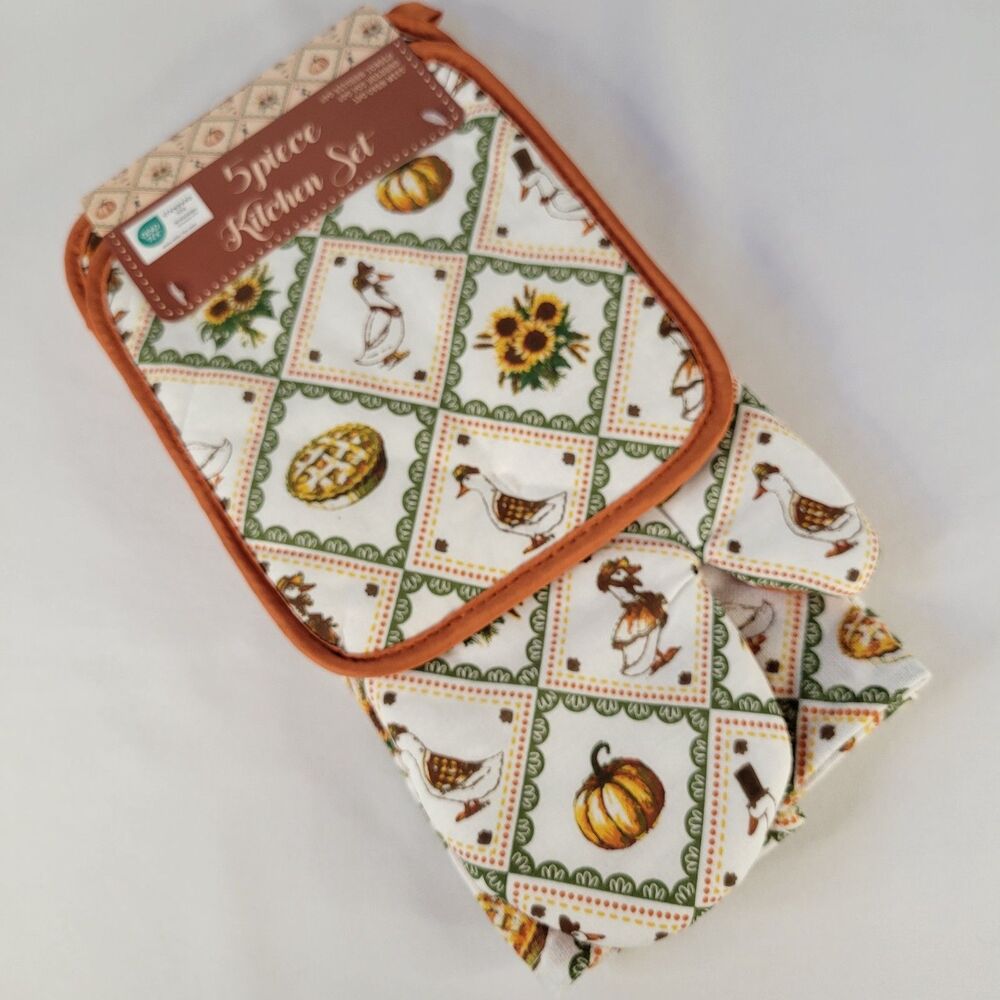 Retro Harvest Thanksgiving Goose 5pc Kitchen Linens Hand Towels Set Fall Country